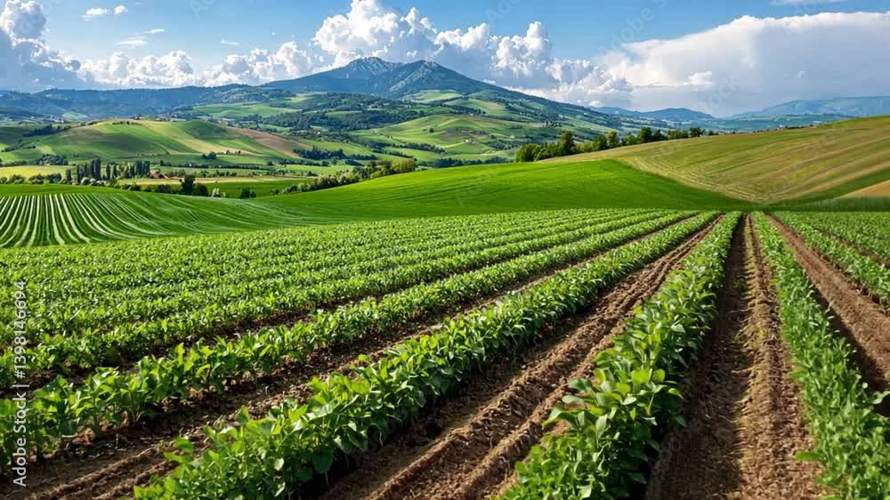 Lush green fields with rows of crops under a bright sky and distant mountains, showcasing agriculture Lush green fields with rows of crops under a bright sky and distant mountains, showcasing agriculture