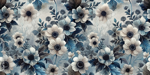 Elegant blue and cream floral pattern featuring anemone flowers and leaves.