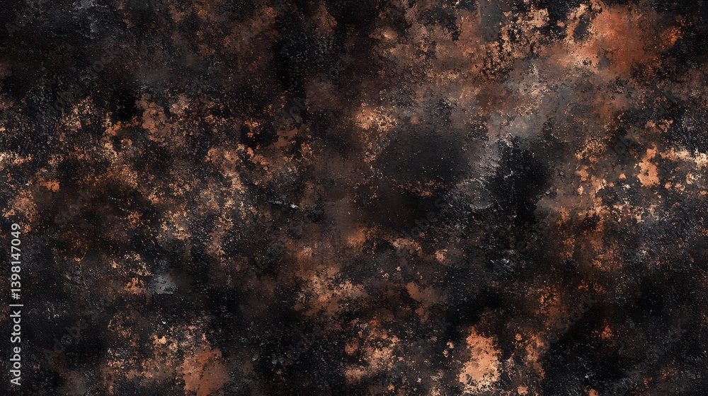 A detailed view of a dark, textured surface with rust-like patterns. A detailed view of a dark, textured surface with rust-like patterns.