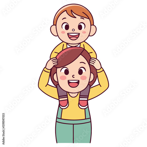 Cartoon Mom With Son On Shoulders Happy Cheerful Smiling In Yellow On White Background