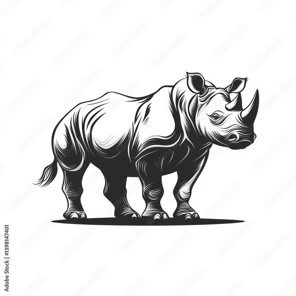 Obraz premium Rhino illustration, monochrome, safari, wildlife, design, graphic, animal, white background, logo, print