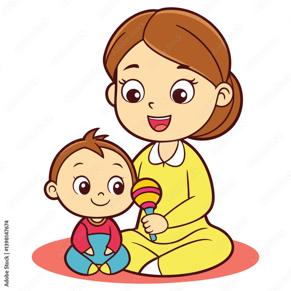Cartoon Mom and Baby Sitting on Mat Playing with Rattle Isolated on White Cartoon Mom and Baby Sitting on Mat Playing with Rattle Isolated on White