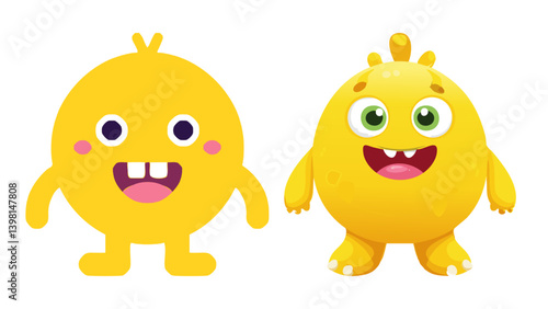 A playful and cartoonish yellow creature with a large round head, small stubby limbs, and a wide-open mouth displaying white teeth.