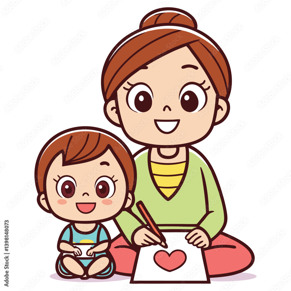 Cartoon Woman Drawing Heart with Baby on White Background Flat Cartoon Woman Drawing Heart with Baby on White Background Flat