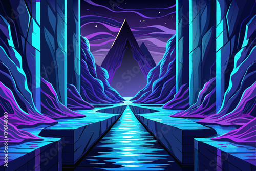 Dark volcanic bay with glowing water reflections, narrow bay framed by pitch black basalt walls and glowing indigo waves, metallic blues and purples area