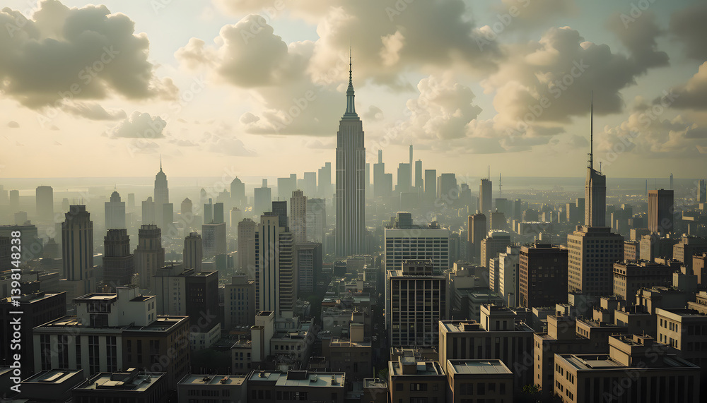 Obraz premium A crowded city skyline with extreme air pollution, dystopian atmosphere