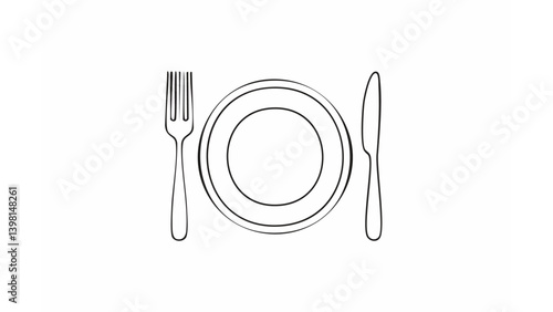 A minimalist line-art illustration of a basic dining setup, featuring a plate in the center with a fork on the left and a knife on the right. The simple and clean design highlights 