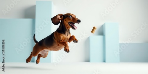 A playful dachshund leaps through the air, catching a treat in mid-flight against a minimalist backdrop