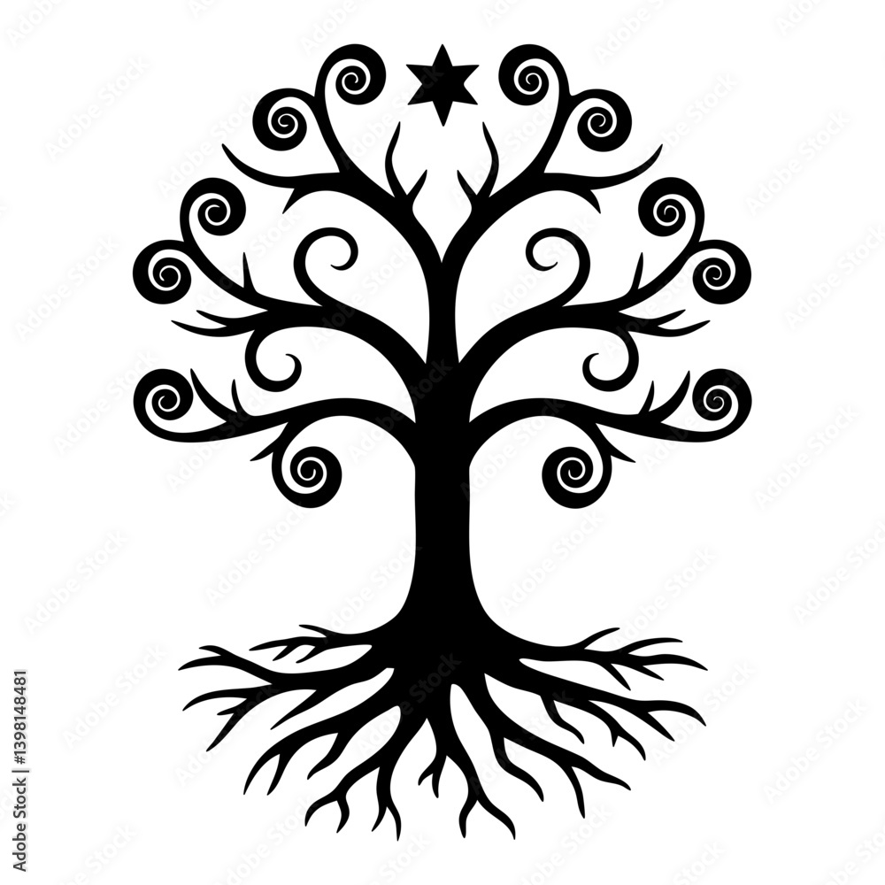 Obraz premium Symbolic Black and White Tree of Life with Spiral Branches and Roots