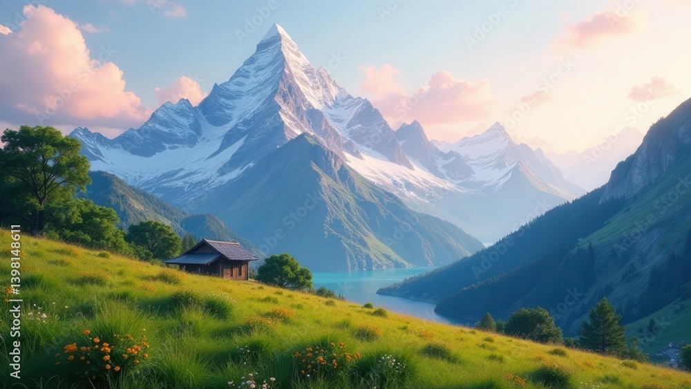 Serene mountain landscape with a small cabin nestled in a vibrant meadow, overlooking a tranquil lake at sunset Serene mountain landscape with a small cabin nestled in a vibrant meadow, overlooking a tranquil lake at sunset