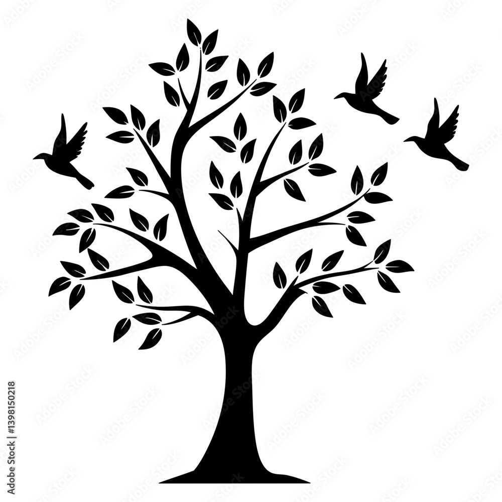 Obraz premium Black Silhouette of a Tree with Birds in Flight Peaceful Nature Scene