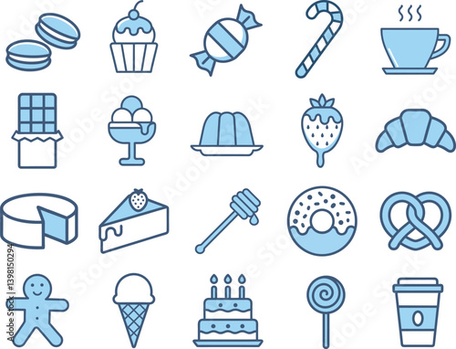 Sweet Food icons set blue collection. Candy, Gelatin Dessert, Coffee Cup, Cake, Cupcake, Doughnut, Pretzel, Ice Cream, Croissant, Macarons, Lollipop, Chocolate Bar, Gingerbread man