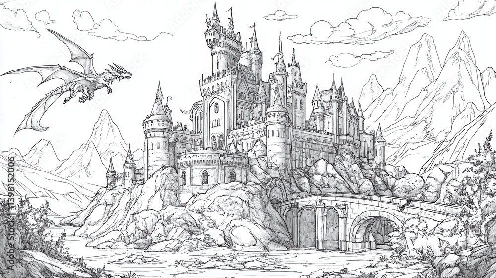 Obraz premium A detailed line drawing of a medieval castle with dragons and mountains in the background, creating a fantastical and epic scene.