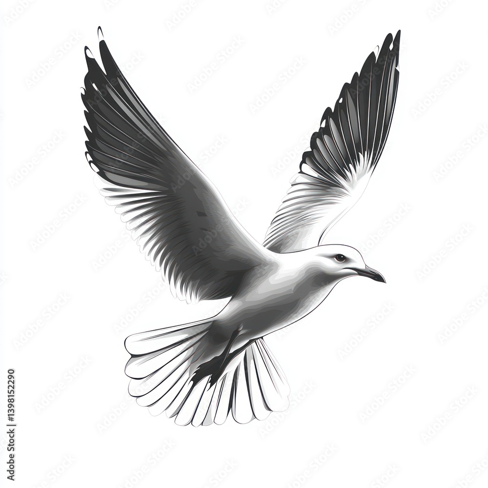 Naklejka premium Monochrome seagull in flight, coastal background, design element