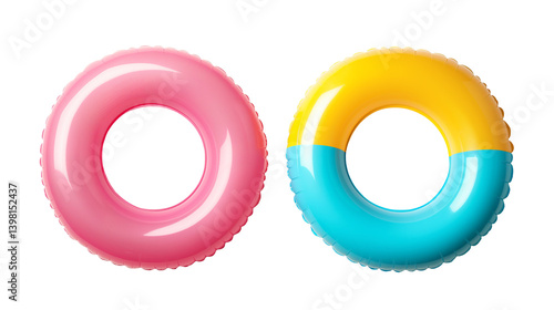 Two Set of Colorful swim inflatable ring or rubber ring isolated on white and transparent background, cut out png