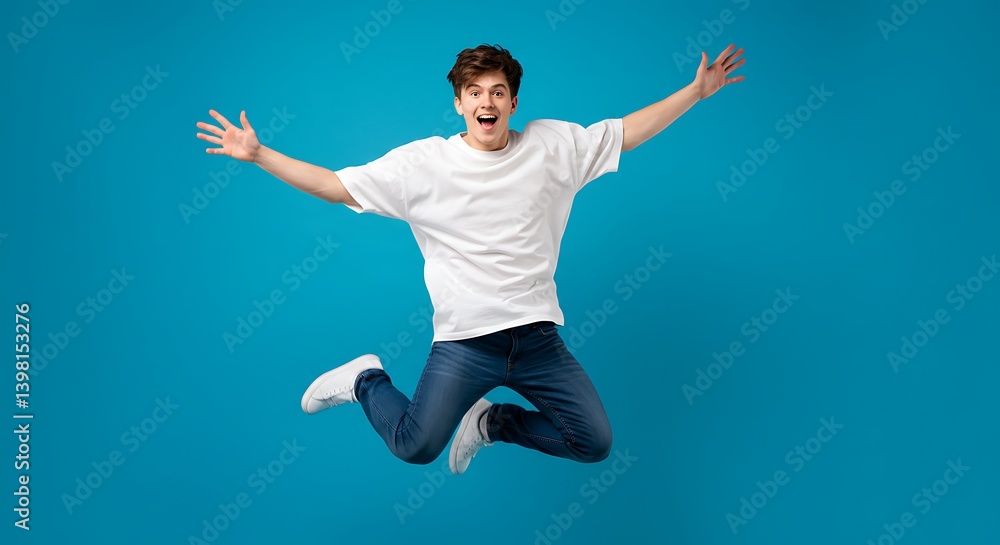 Joyful Man Leaping: Vibrant Blue Background, Casual Style Joyful Man Leaping: Vibrant Blue Background, Casual Style
