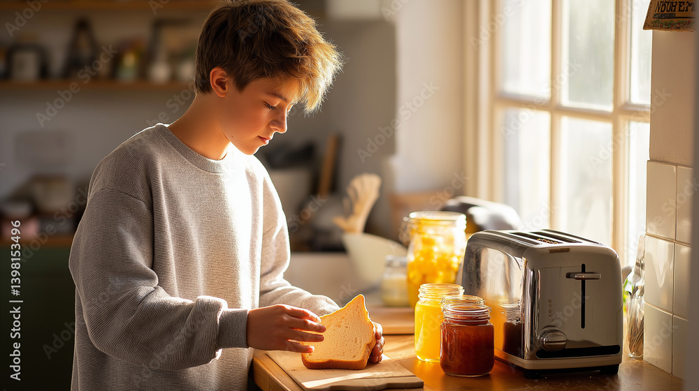A teenage boy enjoying breakfast in a cozy kitchen