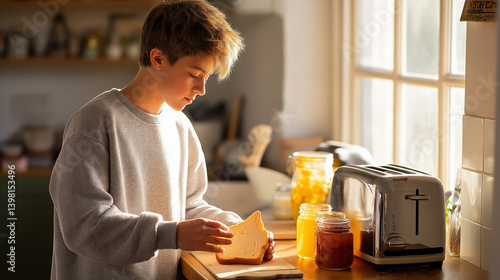 Obraz na płótnie A teenage boy enjoying breakfast in a cozy kitchen w salonie