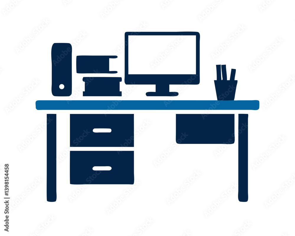 Modern office desk setup with computer and stationery   Modern office desk setup with computer and stationery