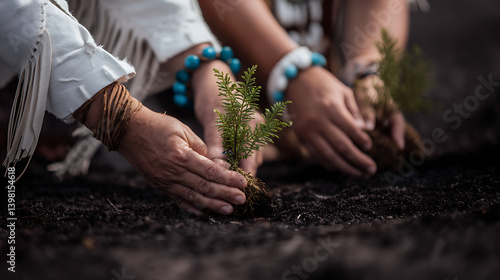 Indigenous community members planting native tree saplings in fertile soil, symbolizing environmental care and cultural connection. Hands adorned with traditional jewelry emphasize heritage