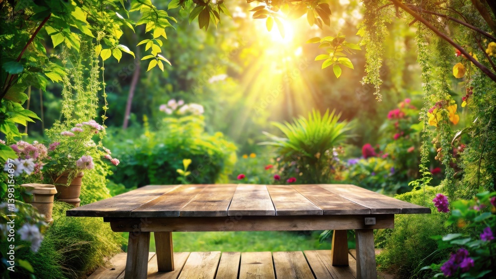 Serene Garden Table Setting A Rustic Wooden Table in a Lush, Sun-Drenched Floral Paradise