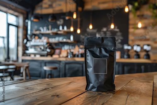 A sleek black coffee bag on a rustic wooden table in a cozy caf? with warm lighting and shelves