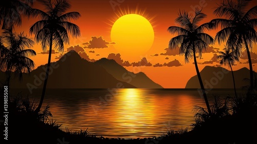 A serene sunset view over a lake, framed by palm trees and mountains, with vibrant colors reflecting on the water's surface.