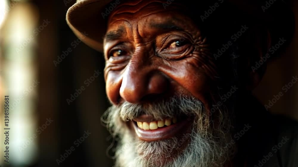 Smiling Elderly Man with Hat Posing Peacefully in Natural Light Smiling Elderly Man with Hat Posing Peacefully in Natural Light