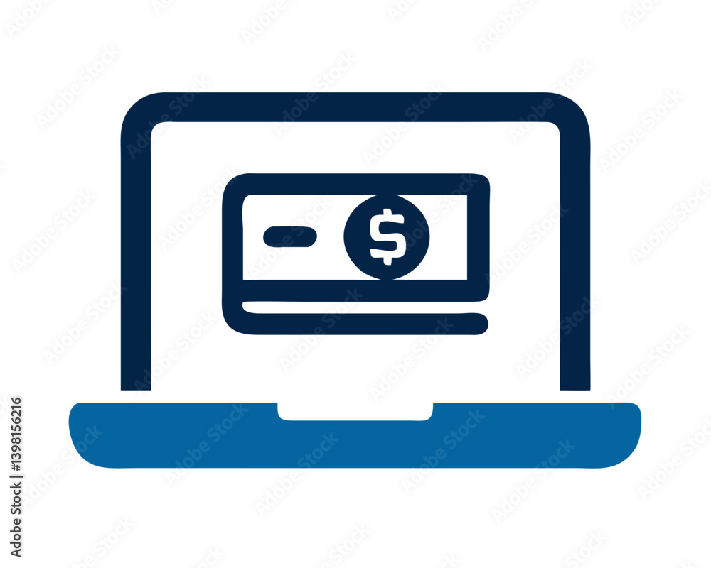 Online payment icon featuring a laptop and a dollar bill Online payment icon featuring a laptop and a dollar bill
