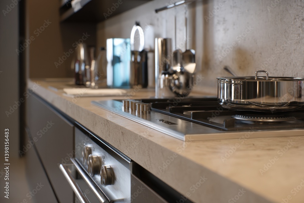 Modern kitchen countertop with stainless steel cookware. Modern kitchen countertop with stainless steel cookware.