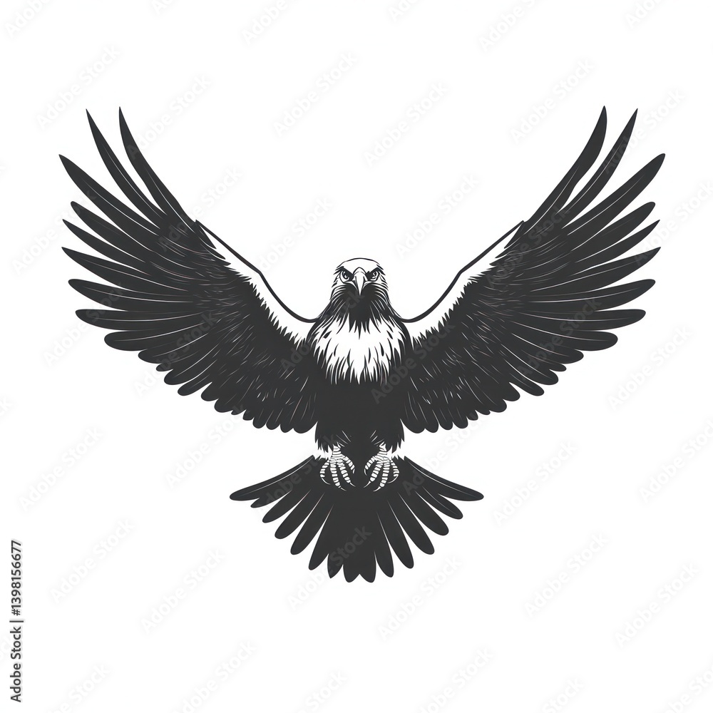 Fototapeta premium Majestic eagle soaring, wings spread wide, isolated on white, for design use.