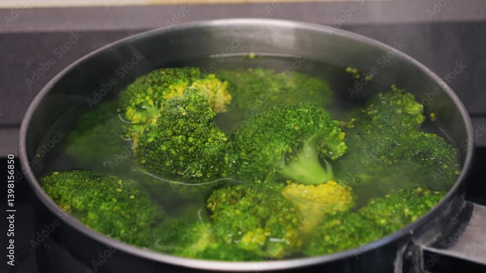 Green broccoli florets simmer. Healthy simple delicious food. High quality 4k footage Green broccoli florets simmer. Healthy simple delicious food. High quality 4k footage