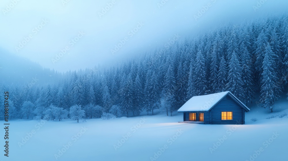 Charming winter cabin surrounded by dense pine trees gentle snowfall serene atmosphere soft twilight glow wide angle view, Realistic Photo Charming winter cabin surrounded by dense pine trees gentle snowfall serene atmosphere soft twilight glow wide angle view, Realistic Photo