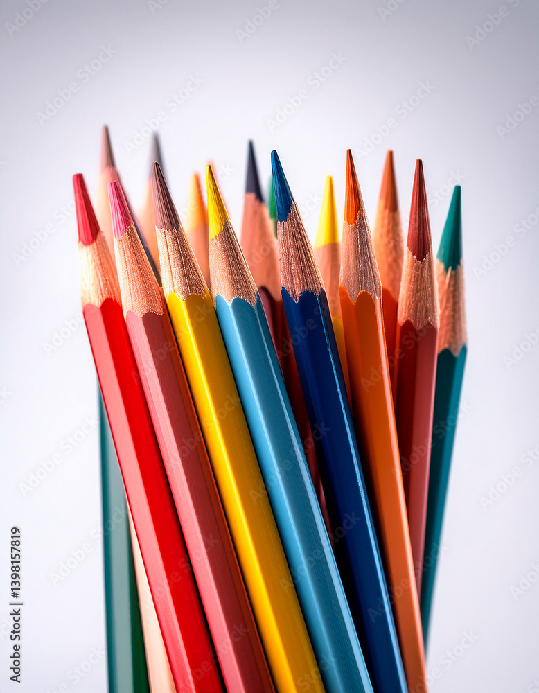 Vibrant collection of colored pencils arranged in a bundle on a white background, showcasing a spectrum of colors and textures for art creation Vibrant collection of colored pencils arranged in a bundle on a white background, showcasing a spectrum of colors and textures for art creation