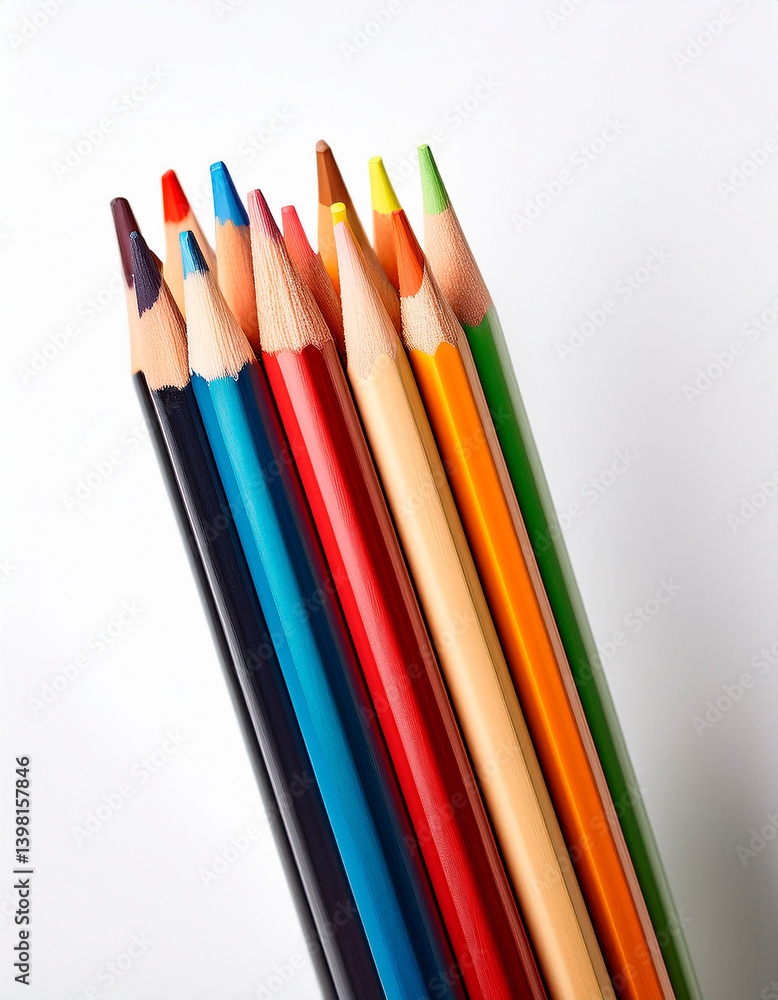 Colorful pencils arranged neatly on a white surface for art and creativity exploration Colorful pencils arranged neatly on a white surface for art and creativity exploration
