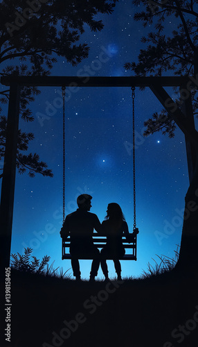 Romantic Silhouette of Couple Sitting on Swing under Starry Night Sky – Dreamy Evening Scene Symbolizing Love, Connection, and Tranquil Togetherness in Nature during Magical Twilight Moment