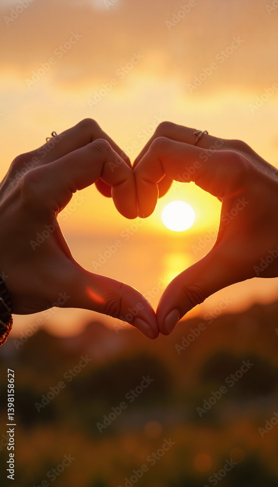 Fototapeta premium Hands forming heart shape around sunset over scenic landscape Heart hands with sun flare 