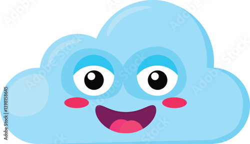 Blue blushing cheeks Emoji Cloud with embarrassed face. Design element for children weather forecast. Funny kids icon. Simple cartoon vector element isolated on white background