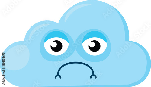 Blue sad Emoji Cloud with upset look. Design element for children weather forecast. Funny kids icon. Simple cartoon vector element isolated on white background