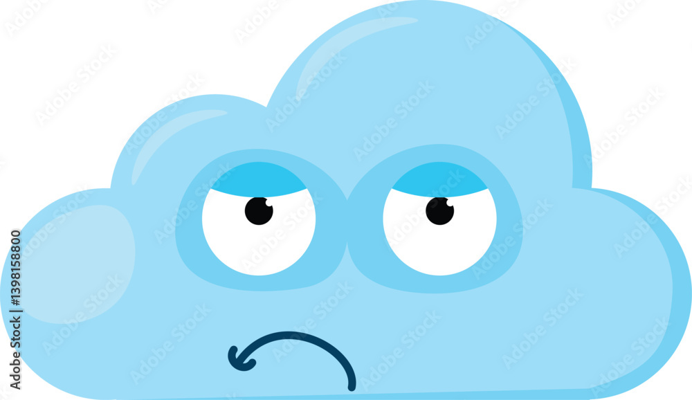 Blue dissatisfied Emoji Cloud with doubtful smirk face. Design element for children weather forecast. Funny kids icon. Simple cartoon vector element isolated on white background Blue dissatisfied Emoji Cloud with doubtful smirk face. Design element for children weather forecast. Funny kids icon. Simple cartoon vector element isolated on white background