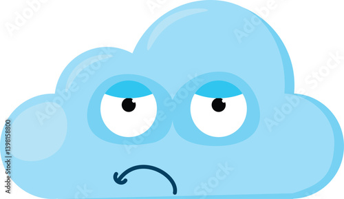 Blue dissatisfied Emoji Cloud with doubtful smirk face. Design element for children weather forecast. Funny kids icon. Simple cartoon vector element isolated on white background