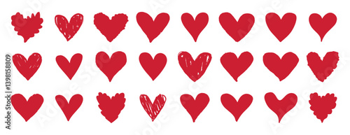 red heart icon set. Hand drawn textured hearts love concept signs