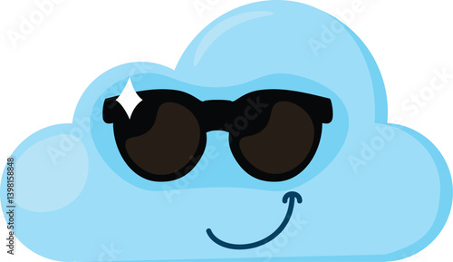Blue confident Emoji Cloud with black sunglasses. Design element for children weather forecast. Funny kids icon. Simple cartoon vector element isolated on white background