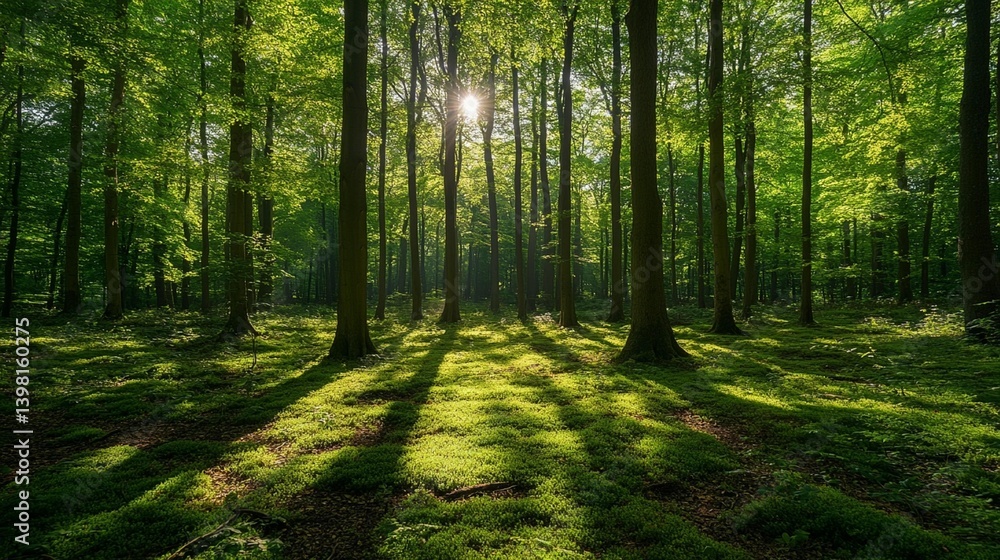 Fototapeta premium Sunlight filtering through lush green forest canopy, casting shadows on mossy forest floor.