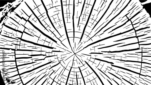 Cut wood texture, black and white ring pattern from a felled tree wood,  vector illustration