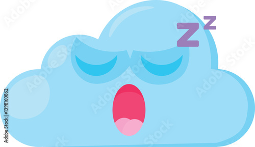 Blue sleeping bored Emoji Cloud with snoring open mouth. Design element for children weather forecast. Funny kids icon. Simple cartoon vector element isolated on white background