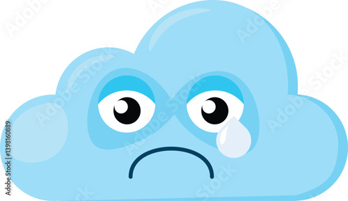 Blue offended crying Emoji Cloud with tears rolling down his eyes. Design element for children weather forecast. Funny kids icon. Simple cartoon vector element isolated on white background