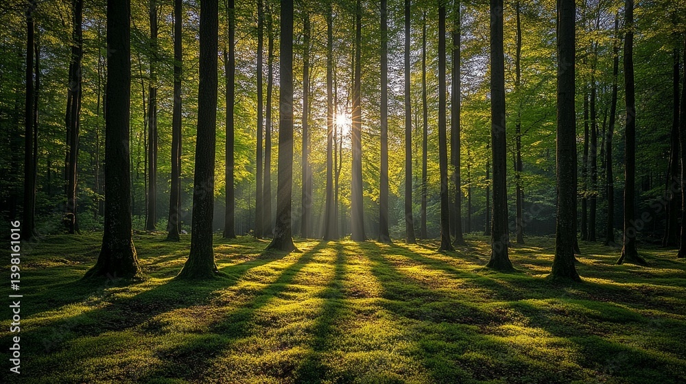 Obraz premium Sunlight streams through a dense forest, illuminating the mossy forest floor with long shadows.
