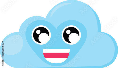 Blue delighted Emoji Cloud with happy expression. Design element for children weather forecast. Funny kids icon. Simple cartoon vector element isolated on white background