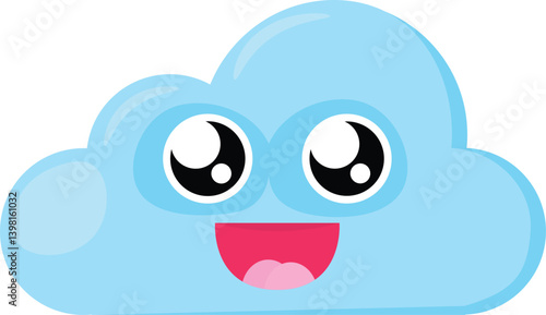 Blue happy Emoji Cloud with glowing eyes and open mouth in surprise. Design element for children weather forecast. Funny kids icon. Simple cartoon vector element isolated on white background